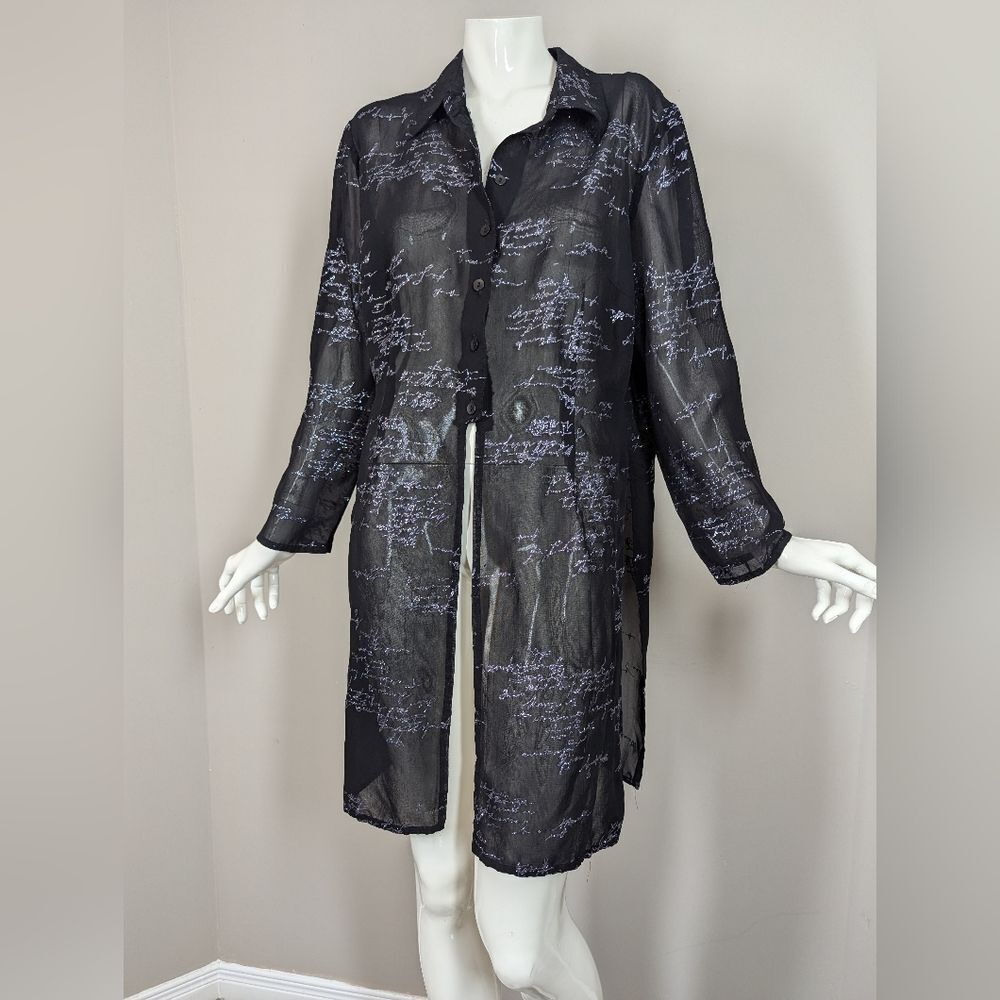 Vintage Steilmann Sheer Black Shirt Dress – Glitter Script Print – Y2K Goth Roma